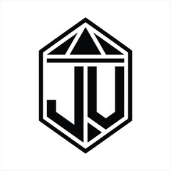 JV Letter Logo monogram simple hexagon shield shape with triangle crown isolated style design