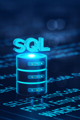 SQL and data storage are placed on Structured Query Language code. Concept of learning SQL programming language, Computer courses and training, Database server, Database management system, 3D render.