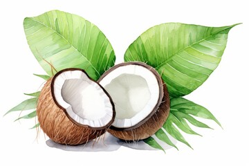Watercolor illustration of a half of coconut and green leaves isolated on white background. AI generative - obrazy, fototapety, plakaty