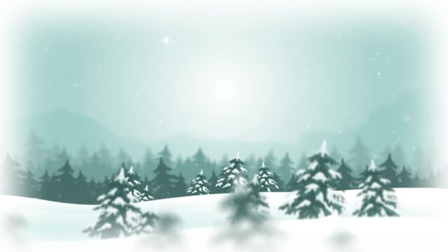2d Cartoon Christmas And Winter Background/ 4k animation of a 2d christmas and new year holidays landscape, with snowfall and snow for winter season, with parallaxe effect and depth of field blur