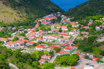 The bottom historic town center aerial view in Saba, Caribbean Netherlands. 