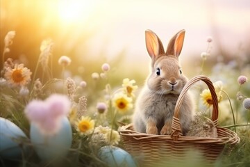 Fototapeta na wymiar A charming Easter bunny with a basket of colorful eggs in a blooming meadow at sunset