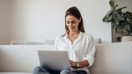 Woman in a casual outfit works on a laptop in her office