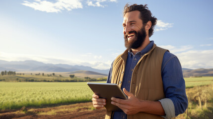 Fototapeta premium Smiling bearded man in a field holding a tablet, with a backdrop of a crop field and mountains in the distance.