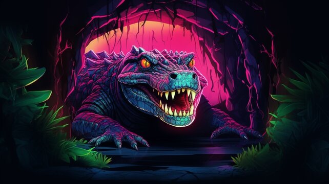 Crocodile Neon light animal sitting cave pictures AI Generated Art