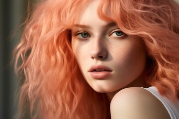 Fototapeta premium Close up portrait of beautiful young woman with peach colored loose hair over blurred background