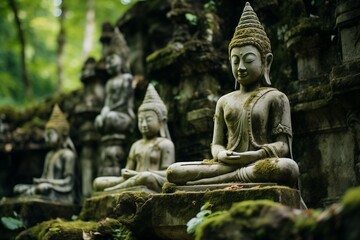 A group of buddha statues sitting next to each other