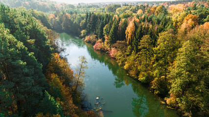 River Brda and colorful forest at sunrise in autumn, Poland. - obrazy, fototapety, plakaty