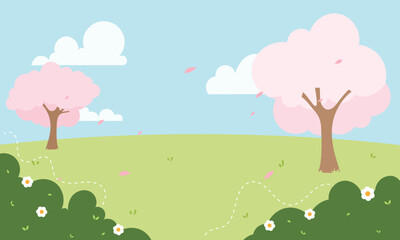 Cute Kawaii Cartoon Landscape Background with grass, meadow and trees