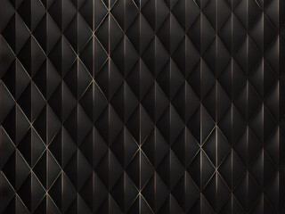 Luxury triangle abstract black metal background with golden light lines. Dark 3d geometric texture illustration. Bright grid pattern. Pure black horizontal banner wallpaper. Carbon elegant wedding