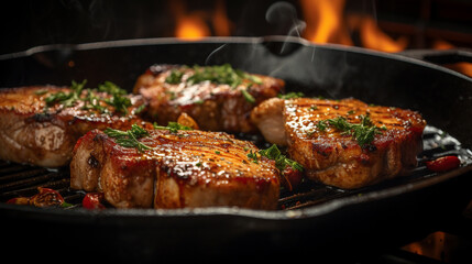 kitchen setting showcasing pork chops searing in a cast iron skillet, garlic cloves crisping on the...