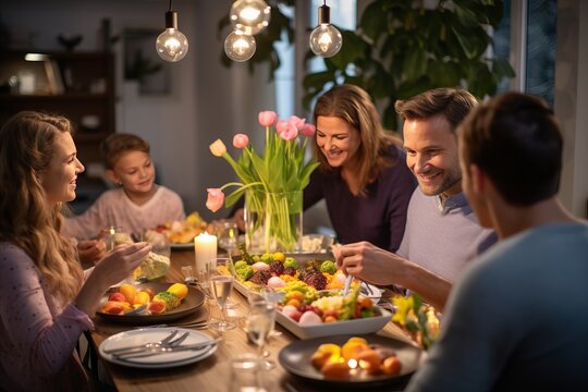 A warm, inviting family table setting during an Easter celebration meal