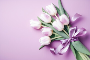 Beautiful pink and white tulips with satin ribbon, pink background. Postcard template Women's Day, March 8, Nurse's Day