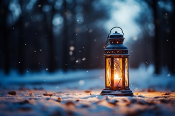 Burning Glowing lantern in winter snow Beautiful winter background