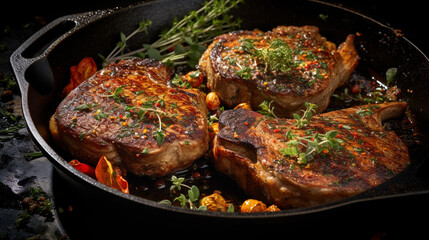 kitchen setting showcasing pork chops searing in a cast iron skillet, garlic cloves crisping on the...