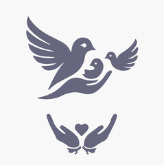 Two hands form the shape of a bird. Illustration of silhouette of a dove. Vector logo template.