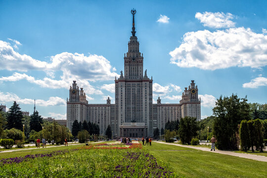 Main building of Lomonosov Moscow State University on Sparrow Hills (autumn sunny day). It is the highest-ranking Russian educational institution