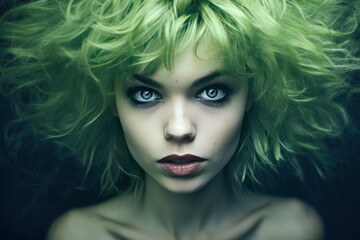 close-up portrait of a young model with expressive green hair