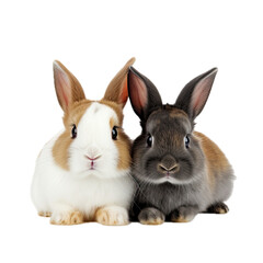Fototapeta premium two snuggling bunny rabbits, multi-color, dark and light in front view in a PNG, Cozy-themed, isolated, and transparent photorealistic illustration. Generative ai