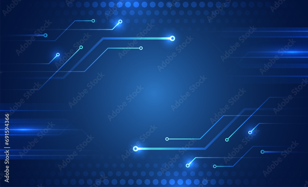 Fototapete Hi-tech vector illustration with various technology elements. Abstract circuit board. Digital internet communication on blue background. Wide Cyber security internet and networking concept.