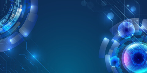 Wide Cyber security internet and networking concept. Hi-tech vector illustration with various technology elements. Abstract global sci-fi concept. Digital internet communication on blue background.