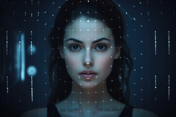 Front view portrait of attractive beautiful woman with scanning grid on her face against abstract background. Digital system for face id. Concept of security and facial recognition