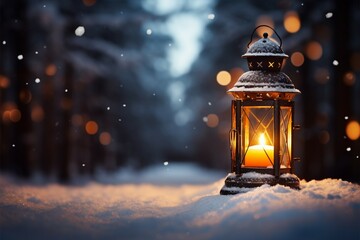 Burning Glowing lantern in winter snow Beautiful winter background