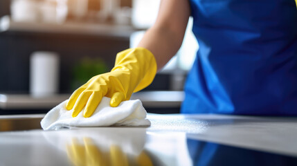 Person in yellow gloves cleaning a kitchen countertop with a spray bottle, suggesting domestic cleaning and hygiene. - obrazy, fototapety, plakaty
