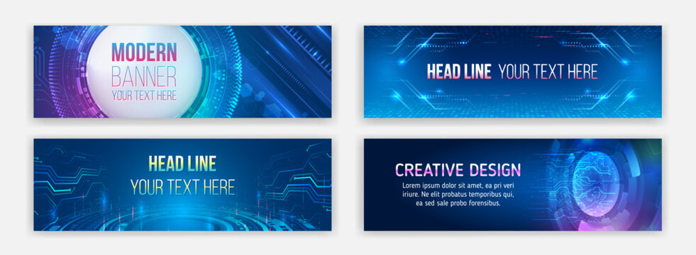 Abstract banner on the theme of data protection, cyber security, science, data array. Futuristic digital communication background. Blue Technology cover. Modern hi tech horizontal banner templates.