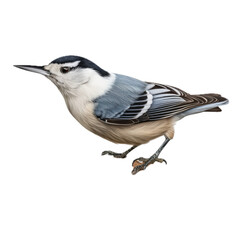 Obraz premium White-breasted Nuthatch standing in a side view, isolated and transparent PNG in a Nature-themed, photorealistic illustration. Generative ai