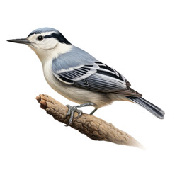 a White-breasted nuthatch standing on a branch in a side view, isolated and transparent PNG in a Nature-themed, photorealistic illustration. Generative ai