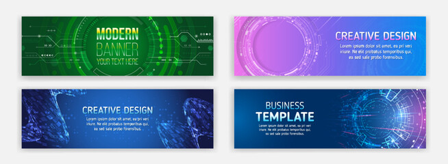 Modern hi tech horizontal banner templates. Abstract banner on the theme of data protection, cyber security, science, data array. Futuristic digital communication background. Blue Technology cover. - obrazy, fototapety, plakaty