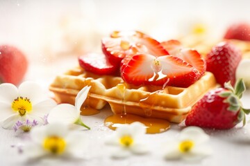 Homemade waffles served with honey and berries, closeup. Generative AI