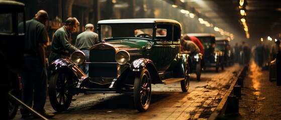 Naklejka premium Retro car assembly line in the 1920. Automotive industry. Vintage Auto factory. Oldtimer.