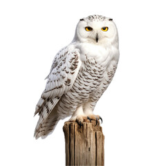 a Snowy Owl sitting on a post, in a front view, isolated and transparent PNG in a Nature-themed, photorealistic illustration. Generative ai