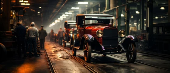 Fotobehang Retro car assembly line in the 1920. Automotive industry. Vintage Auto factory. Oldtimer. © Yuliia