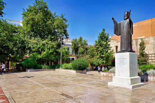 Athens Greece. The Statue of Constantine XI Palaiologos at the square of the Athens Mitropolis Cathedral