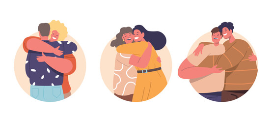 Isolated Vector Round Icons Or Avatars With Cartoon Characters Share A Heartfelt Hug, People Intertwine