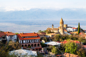 travel to Georgia - Signagi town with cathedral over Alazan valley in Kakheti region in Georgia on...