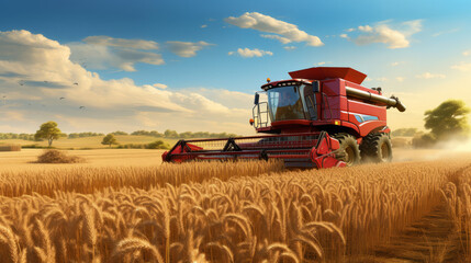 Obraz premium Combain is collecting on the wheat crop. Agricultural machinery in the field. Grain harvest.