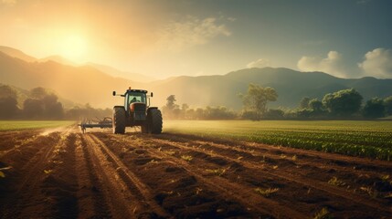 Tractor is driving through the field in the evening. Agricultural machinery in the field. Grain harvest.