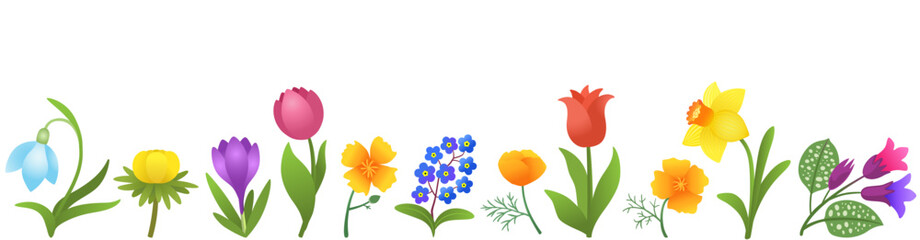 Spring floral border endless repeat design. Vibrant floral pattern seamless border. Cottagecore springtime flowers bloom. Spring garden - daffodil, tulips, crocus, snowdrop, forget-me-nots.