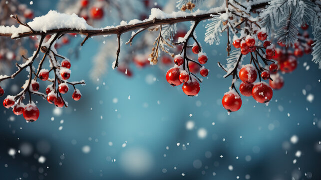 Winter Snowscape: Berry Tree in Snow - Enchanting Christmas Backdrop with Seasonal Charm