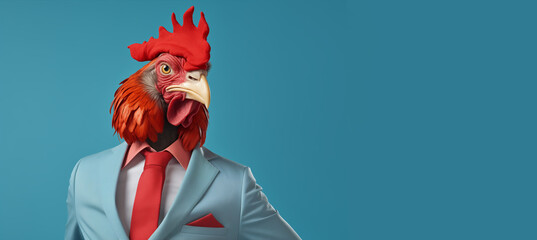 Studio portrait of a funky anthropomorphic rooster in a blue suit jacket on a seamless blue background. Space for text