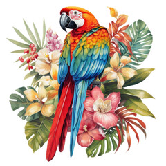 a retro Scarlet/Rainbow Macaw with tropical flowers, 3/4 side view, in a PNG, for surf apparel/products, Tropical-themed, isolated, and transparent photorealistic illustration. Generative ai