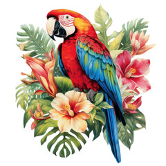Fototapeta premium a retro Scarlet/Rainbow Macaw with tropical flowers, 3/4 side view, in a PNG, for surf apparel/products, Tropical-themed, isolated, and transparent photorealistic illustration. Generative ai