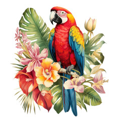 Fototapeta premium a retro Scarlet/Rainbow Macaw with tropical flowers, 3/4 side view, in a PNG, for surf apparel/products, Tropical-themed, isolated, and transparent photorealistic illustration. Generative ai