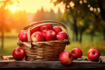 Red Apples In Basket On Wooden Table in Orchard