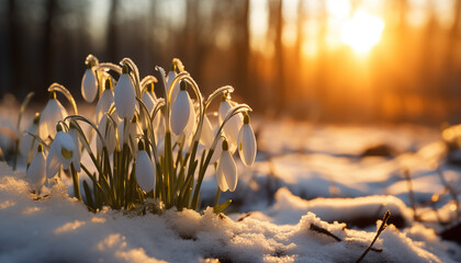 Snowdrops bloomed in a beautiful light in the snow. the arrival of spring, the blossoming of...