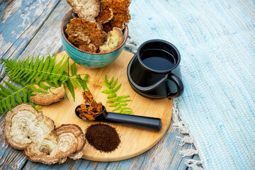 Chaga and Turkey’s tail, Trametes versicolor mushroom. Mushroom coffee chaga superfood. Dried...